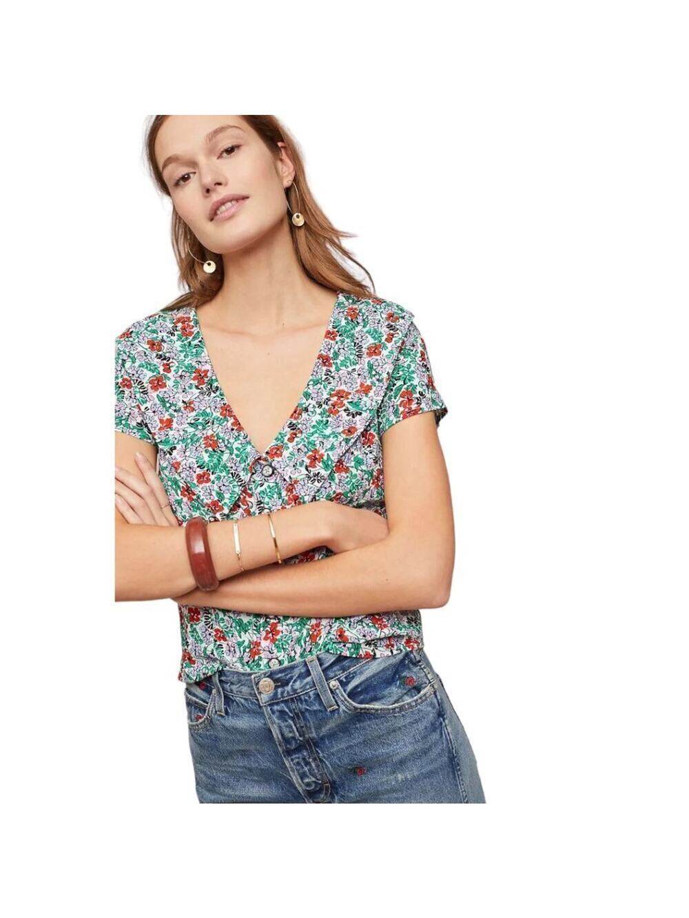 Anthropologie Maeve Multicolor Floral Short Sleeves Austen Collared Blouse Sz 0